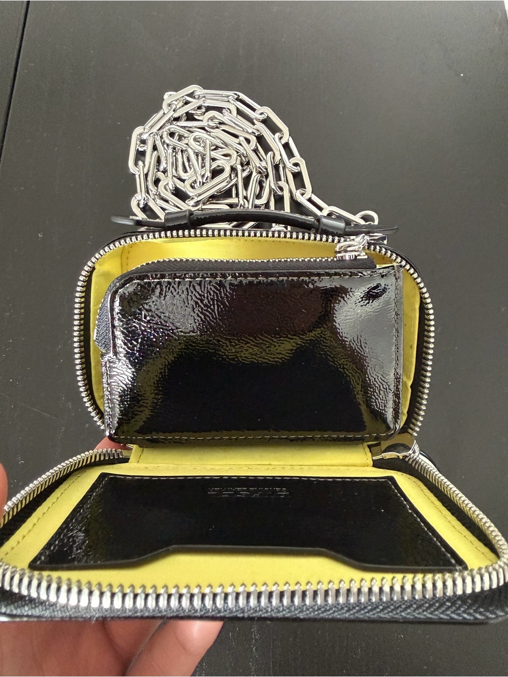 Diesel Black Patent Leather Mini Crossbody Wallet with Silver Chain - Picture 4 of 4